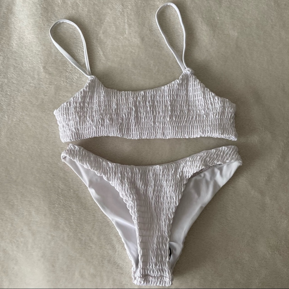 Zaful Smocked Bikini Top And Bottoms - White